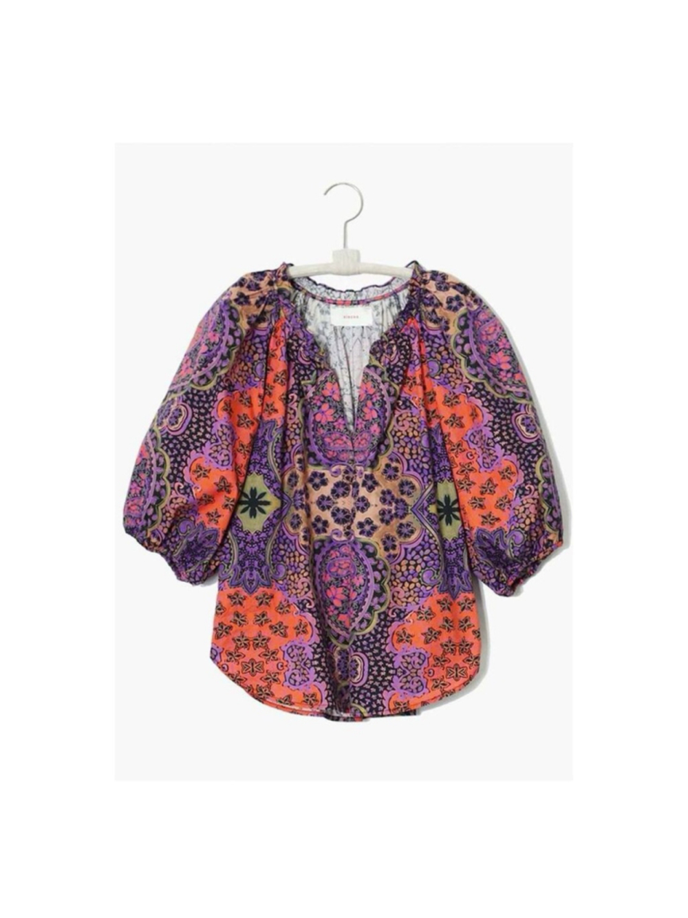 Xirena Jules Floral Top XS Purple Red Print Puff Sleeves 100% Cotton Split Neck